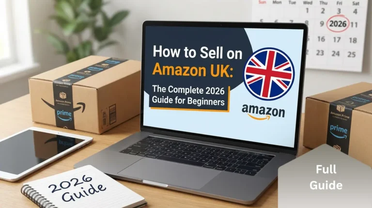 Infographic for a complete beginner’s guide to selling on Amazon in 2026, illustrating key steps like product research, listing creation, and Amazon FBA fulfillment for new sellers.