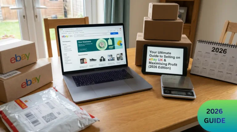 Infographic for an eBay UK selling guide, featuring the eBay logo, British flag symbols, and growth icons representing reselling profit and business success in 2026.