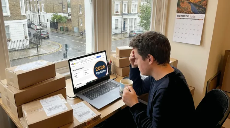 Infographic illustrating a downward trend line for eBay listing views, with icons and markers representing 7 strategic fixes to improve search visibility, SEO, and sales for UK sellers in 2026.