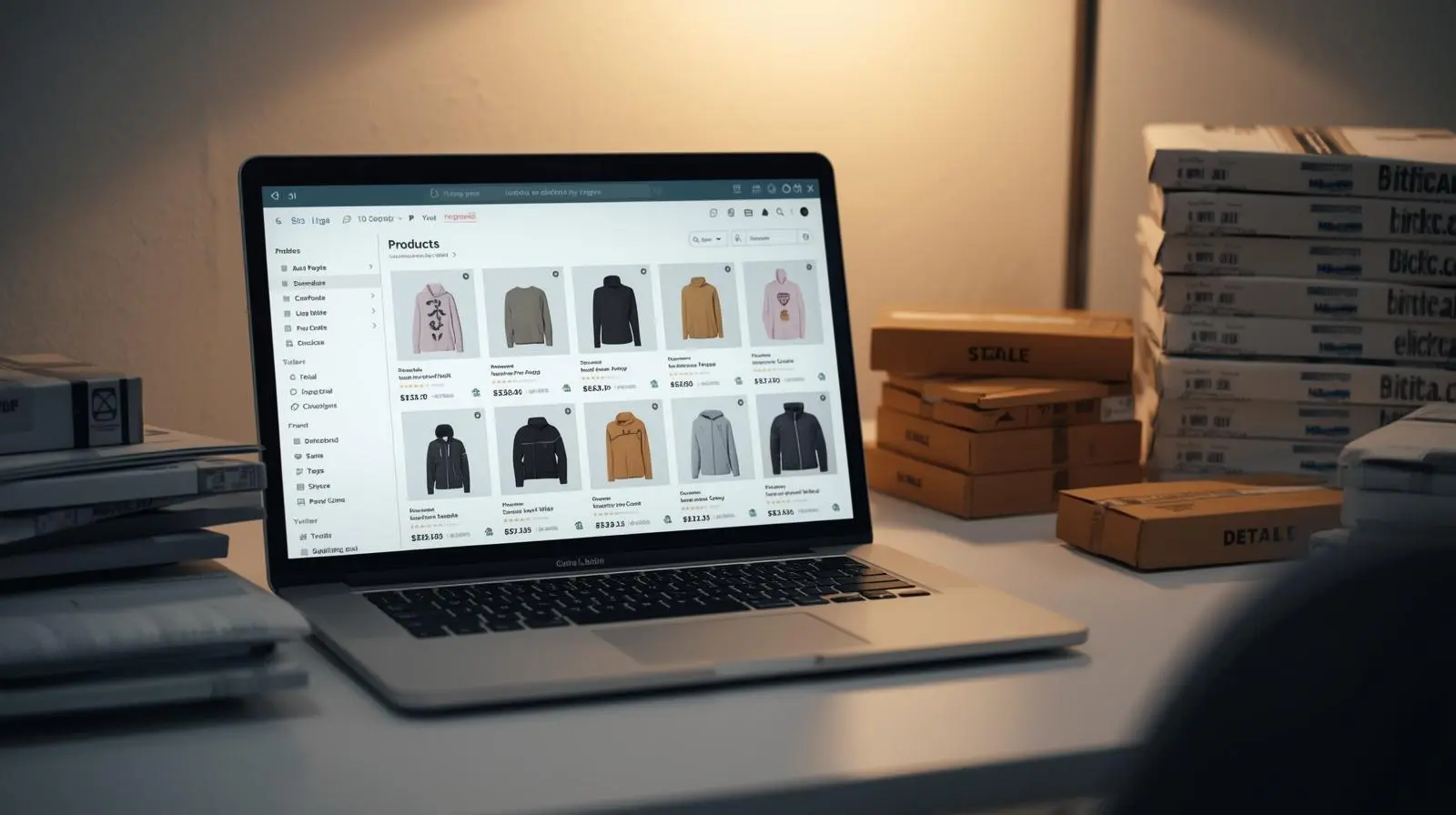 ecommerce office setup showing a focused seller managing a marketplace
