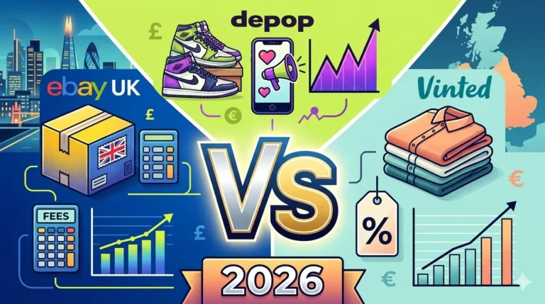 A comparison infographic with a central "VS" over "2026," featuring icons for shipping/finance (eBay UK), shoes/social media (Depop), and clothes/discount (Vinted).