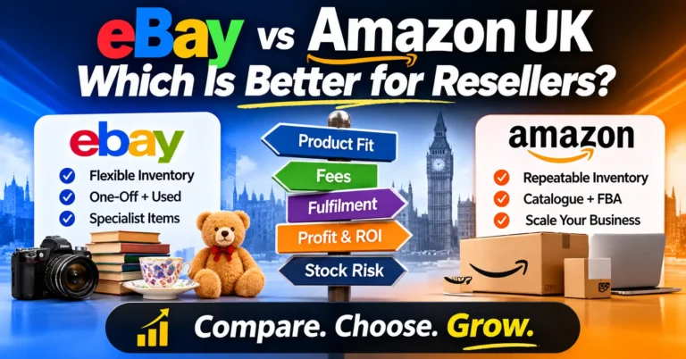 eBay vs Amazon UK comparison for resellers covering product fit, fees, fulfilment, stock, profit, competition and scaling