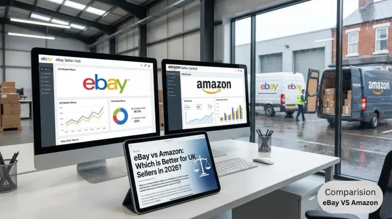 Comparison infographic for selling on eBay vs. Amazon in the UK 2026, summarizing key differences in platform fees, target audiences, and ease of use to help new online sellers choose the right marketplace.