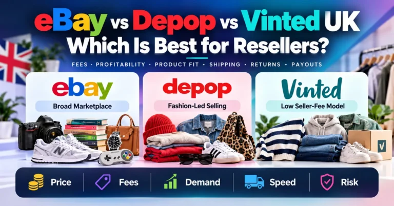 eBay vs Depop vs Vinted UK comparison for resellers showing marketplace fit, fees, demand, selling speed and risk