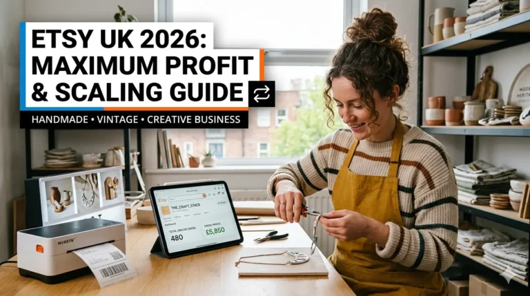 A creative business owner in a UK studio crafting handmade jewelry while reviewing a sales and profit dashboard on a tablet, illustrating the 2026 ultimate guide to selling on Etsy UK and maximizing business profits.