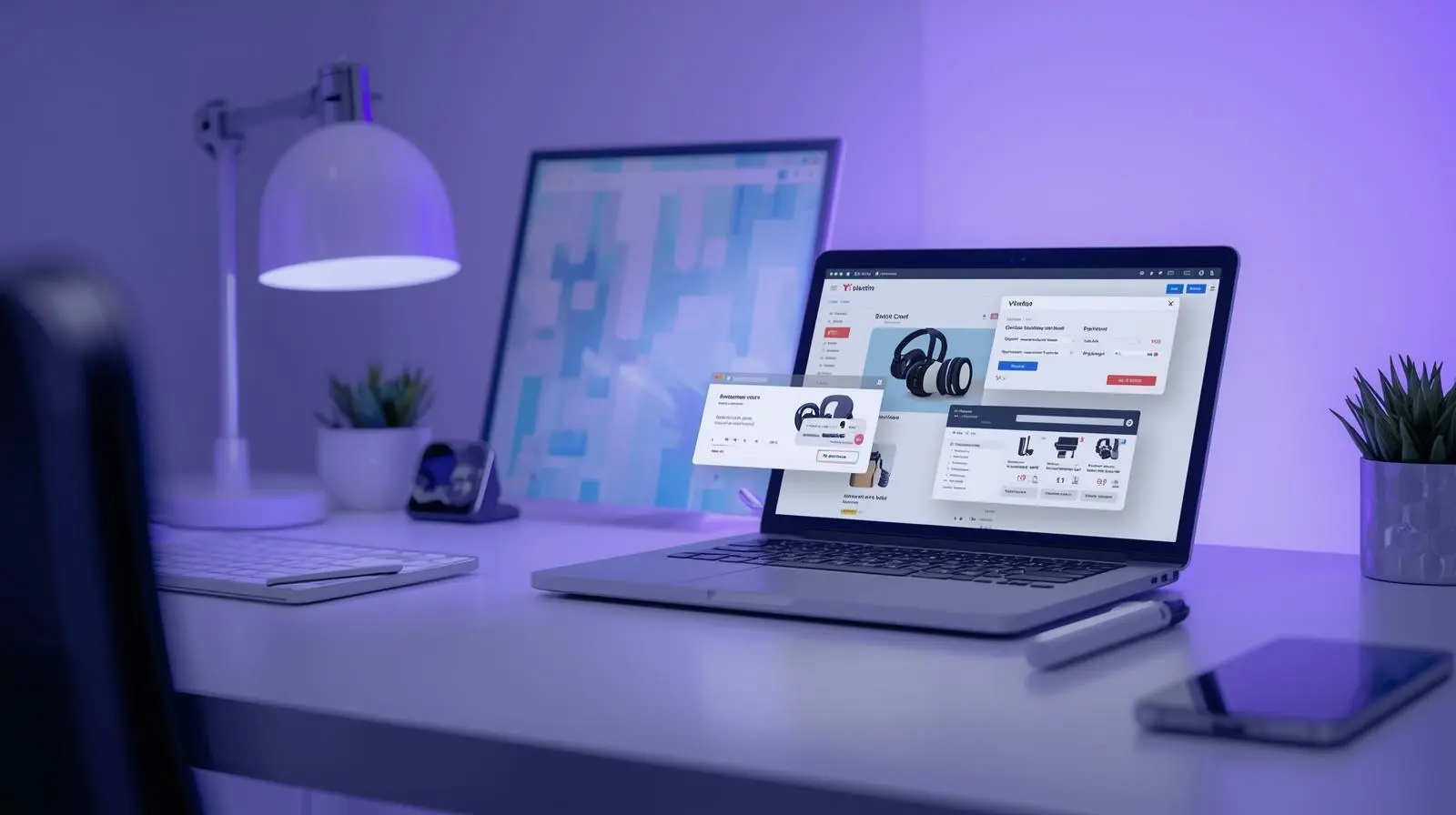 A modern professional workspace with a laptop showing e-commerce seller dashboards for eBay, Amazon, and Vinted with purple branding.