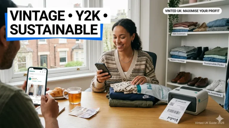 A reseller in a home studio packing a clothing parcel for Vinted UK with an InPost shipping label, surrounded by organized inventory shelves and a mobile phone showing the Vinted app, illustrating the ultimate 2026 guide to maximizing profit for Vinted sellers.
