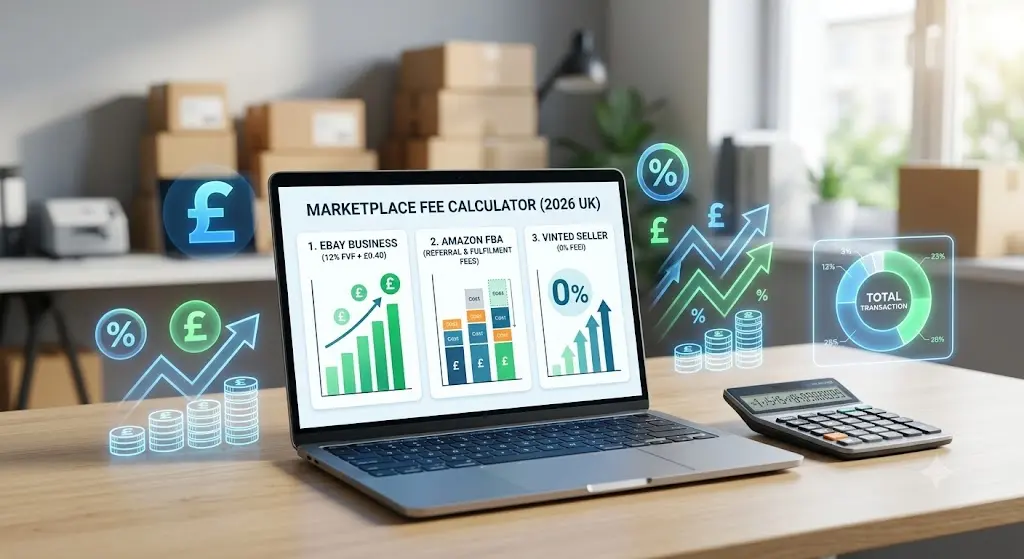 A professional e-commerce feature image showcasing a modern laptop on a wooden desk. The laptop screen displays a 'Marketplace Fee Calculator (2026 UK)' interface with three columns comparing fees: '1. eBay Business (12% FVF + £0.40)', '2. Amazon FBA (Referral & Fulfilment Fees)', and '3. Vinted Seller (0% Fee)'. Glowing digital overlay graphics float around the laptop, showing rising line charts, stacks of coins, pound signs (£), and percentage symbols (%). To the right of the laptop sits an electronic desk calculator. In the blurred background, neat stacks of cardboard shipping boxes sit on shelves inside a bright home office workspace.