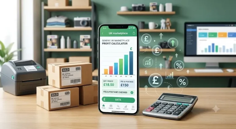 A professional e-commerce feature image showcasing a modern reseller's desk setup. In the center, a smartphone displays a vibrant 'UK Marketplace Profit Calculator' app with rising bar charts, an estimated profit of £18.50, and a 'Fee & Postage Checked' confirmation. To the left, a digital thermal label printer sits next to a neat stack of cardboard shipping boxes featuring UK shipping labels. On the right, an electronic desk calculator rests below floating digital graphics of pound signs (£), percentage icons (%), and upward growth arrows. The clean office background features storage shelves with packaged inventory and a computer monitor showing data analytics.
