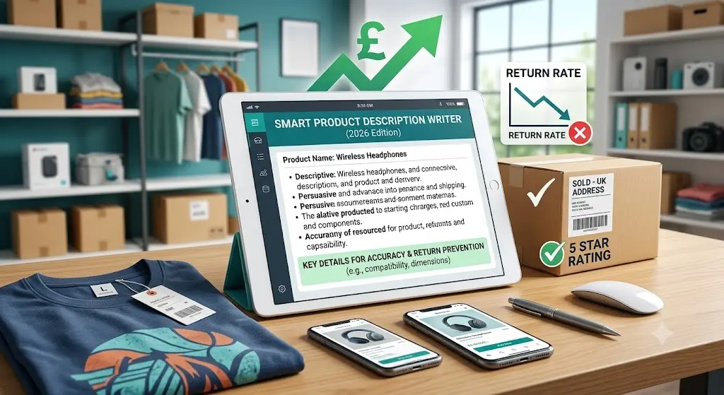A professional e-commerce blog feature image showcasing a modern reseller workspace. In the center, a large tablet displays a 'Smart Product Description Writer' template with bullet points for writing descriptive, persuasive, and accurate listings. Floating graphics above the tablet show a rising green arrow with a pound sign (£) and a separate chart showing a declining line labeled 'Return Rate' with a red checkmark. In the foreground, a folded blue t-shirt with a barcode price tag lies on a wooden desk alongside two smartphones showing product listings, a silver pen, and a wireless mouse. To the right, a cardboard shipping box is marked with a 'Sold - UK Address' shipping label and a green '5 Star Rating' badge, with blurred warehouse shelves in the background.