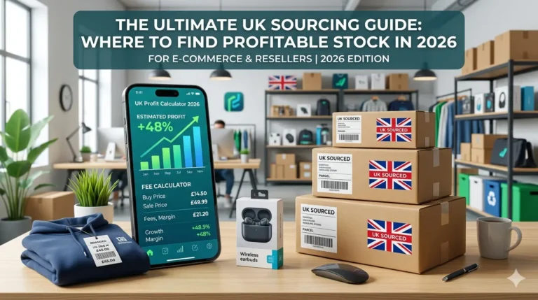 A professional feature image for an e-commerce article titled 'THE ULTIMATE UK SOURCING GUIDE: WHERE TO FIND PROFITABLE STOCK IN 2026'. The scene is a modern, organized workspace or fulfillment office. On a wooden desk in the foreground, there is a large smartphone displaying a green 'UK Profit Calculator 2026' app with upward-trending bar charts showing a '+48%' estimated profit. Next to the phone is a stack of cardboard shipping boxes clearly labeled 'UK SOURCED' with small Union Jack flags on the sides. A folded blue hoodie with a price tag, a retail box for wireless earbuds, a computer mouse, a pen, and a coffee mug are also on the desk. In the blurred background, there are office workstations and shelves stocked with packaged inventory, creating a busy reselling environment.