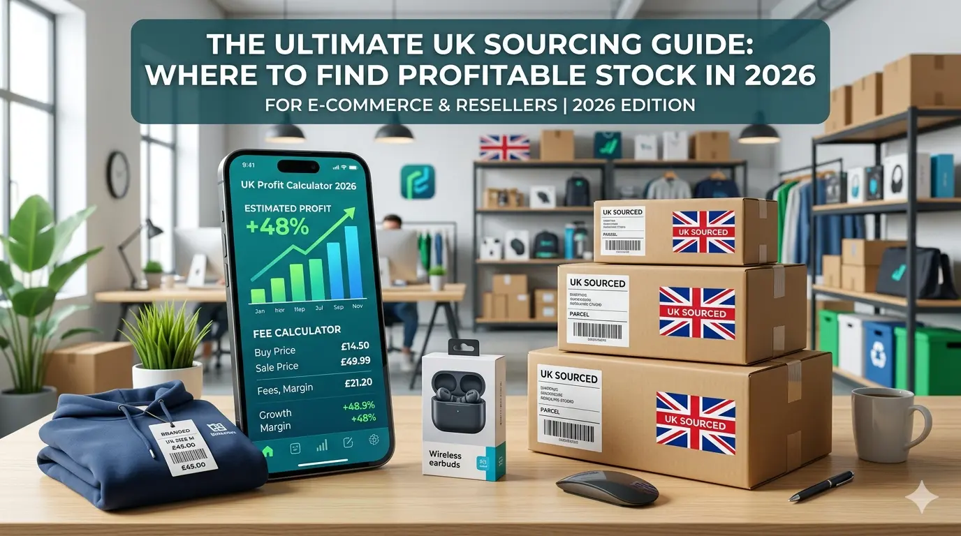 A professional feature image for an e-commerce article titled 'THE ULTIMATE UK SOURCING GUIDE: WHERE TO FIND PROFITABLE STOCK IN 2026'. The scene is a modern, organized workspace or fulfillment office. On a wooden desk in the foreground, there is a large smartphone displaying a green 'UK Profit Calculator 2026' app with upward-trending bar charts showing a '+48%' estimated profit. Next to the phone is a stack of cardboard shipping boxes clearly labeled 'UK SOURCED' with small Union Jack flags on the sides. A folded blue hoodie with a price tag, a retail box for wireless earbuds, a computer mouse, a pen, and a coffee mug are also on the desk. In the blurred background, there are office workstations and shelves stocked with packaged inventory, creating a busy reselling environment.