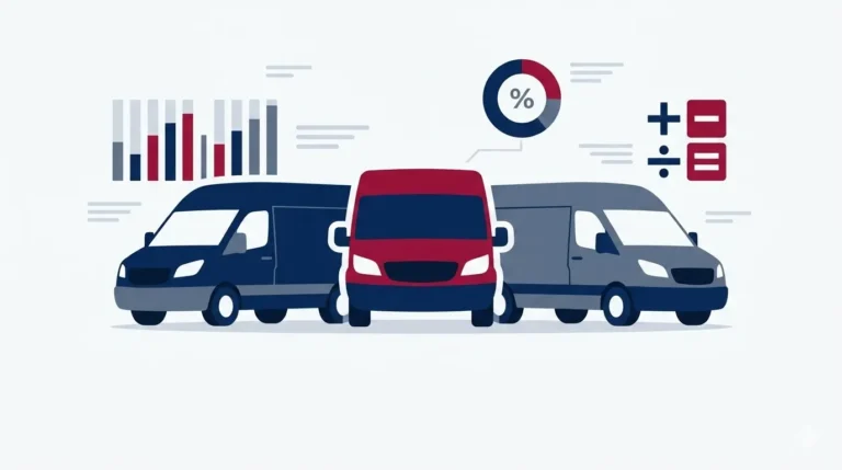 A clean graphic featuring three delivery vans alongside data charts and calculator icons, representing a comparison of Royal Mail, Evri, and DPD shipping costs for UK online sellers.