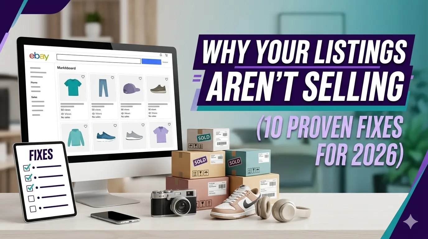 An e-commerce workspace featuring a desktop monitor showing an eBay store dashboard, packages with 'Sold' stickers, a camera, and a tablet displaying a checklist labeled 'Fixes'. Bold text overlay reads 'Why Your Listings Aren't Selling (10 Proven Fixes for 2026)'.