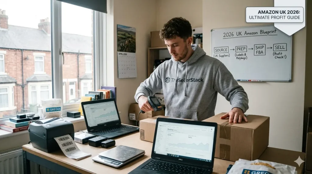 Featured image for an 'Amazon UK 2026: Ultimate Profit Guide', showing an Amazon FBA seller scanning packages in a home office with a '2026 UK Amazon Blueprint' whiteboard diagram, illustrating the efficient sourcing, prep, and shipping workflow required to maximize online selling profit.