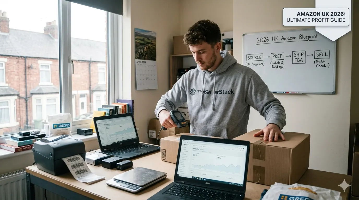 Featured image for an 'Amazon UK 2026: Ultimate Profit Guide', showing an Amazon FBA seller scanning packages in a home office with a '2026 UK Amazon Blueprint' whiteboard diagram, illustrating the efficient sourcing, prep, and shipping workflow required to maximize online selling profit.
