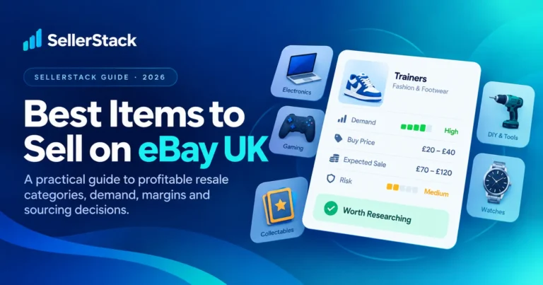 Best Items to Sell on eBay UK guide showing resale categories including trainers, electronics, gaming, collectables, tools and a stock research decision panel