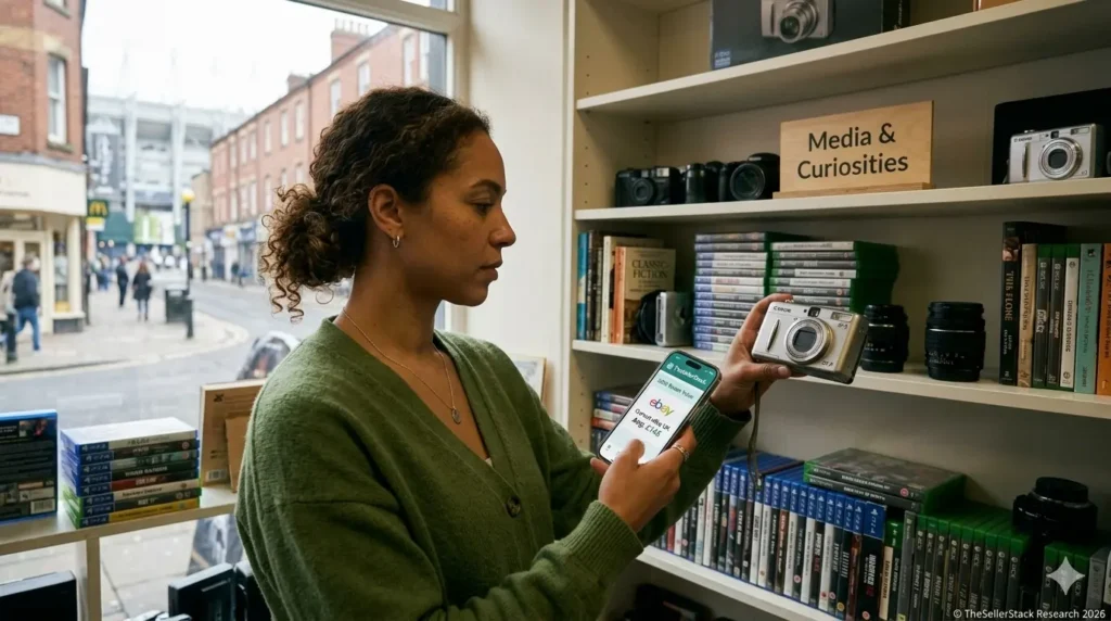 An expert reseller checking eBay sold prices on a smartphone for a vintage camera in a charity shop, illustrating the research process for finding profitable items to sell on eBay UK in 2026.