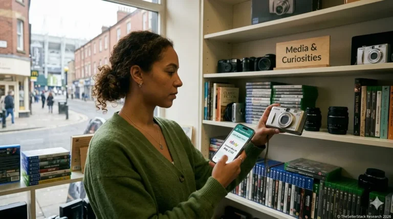 An expert reseller checking eBay sold prices on a smartphone for a vintage camera in a charity shop, illustrating the research process for finding profitable items to sell on eBay UK in 2026.