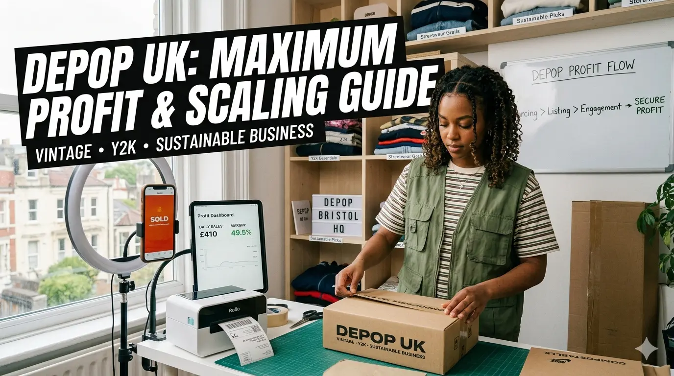 A reseller in a home studio packing a vintage clothing order for a Depop UK business, with a profit dashboard on a tablet and 'Depop Profit Flow' checklist on a whiteboard, illustrating a complete 2026 guide to maximising profit on Depop.