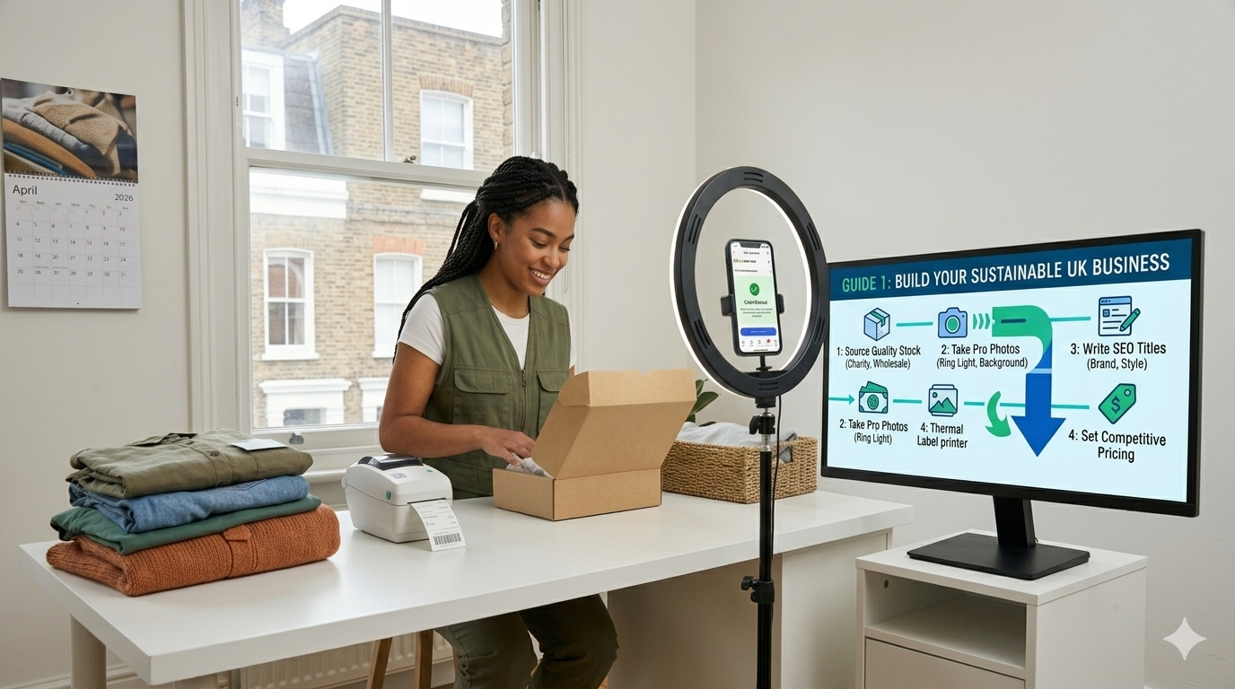 A British reseller intently uses a large monitor in her bright home studio to follow a visual roadmap guide called 'Build Your Sustainable UK Business,' which breaks down steps like sourcing stock, taking professional ring-light photos, and writing SEO titles for eBay UK success.