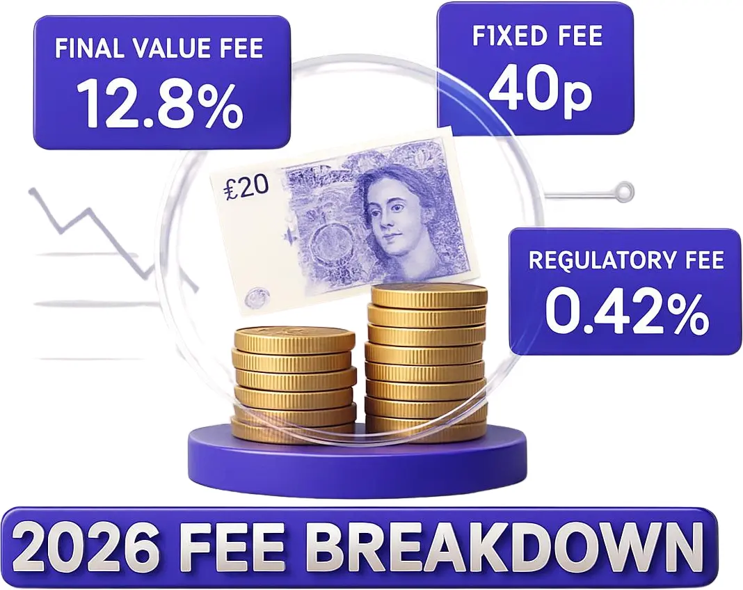 3D conceptual graphic showing British Pound coins with digital labels for eBay Final Value Fees, 40p fixed fees, and regulatory charges for UK sellers in 2026.