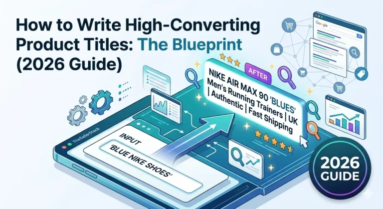 A visual infographic showing the transformation of a weak, low-converting product title into a high-converting, SEO-optimized title for eBay sellers in 2026, featuring search and analytical icons.