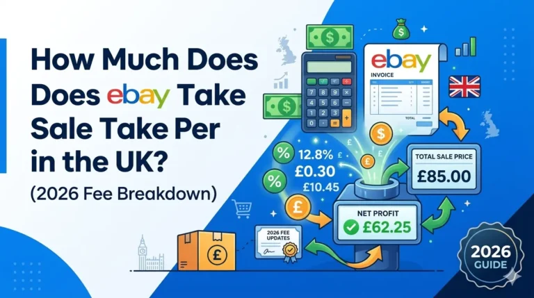 An infographic illustrating the 2026 eBay UK fee breakdown, showing a calculator and invoice graphic to explain how to calculate eBay seller fees and net profit from a total sale price.