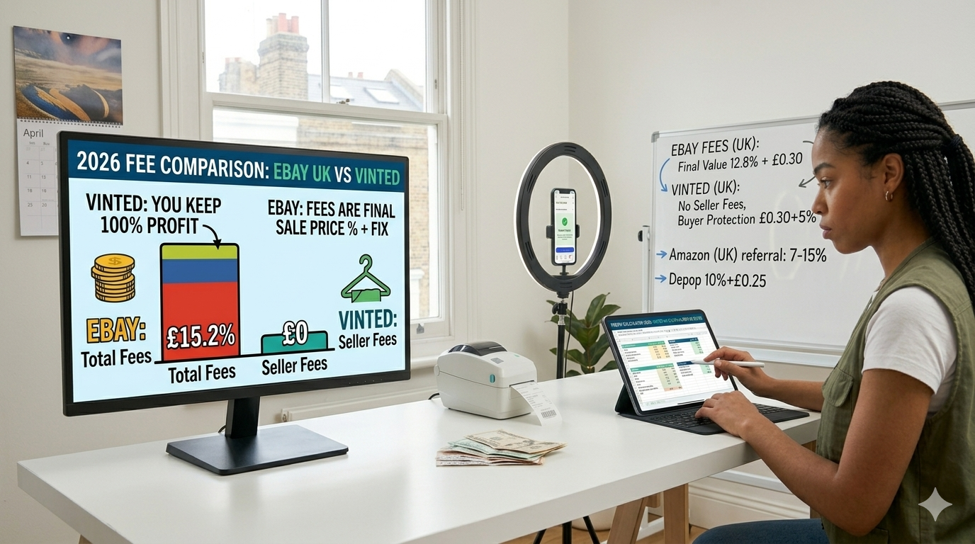 A reseller conducts a profitability audit at her desk, comparing a large infographic chart showing that Vinted offers zero seller fees against a whiteboard diagram breakdown of exact eBay UK final value fees, fixed order costs, and VAT.