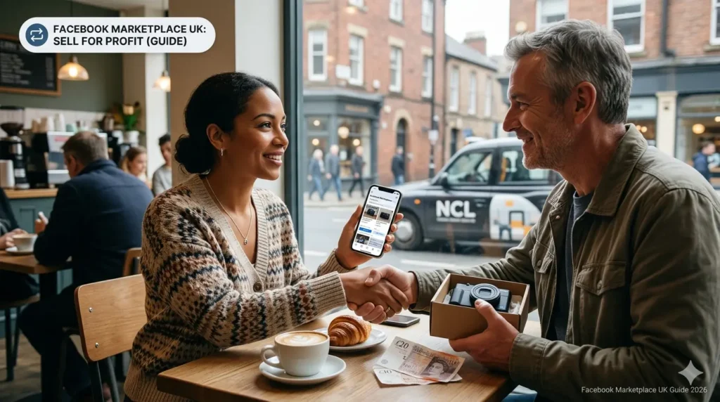 Two people shaking hands in a UK café after a successful Facebook Marketplace transaction, with a mobile phone visible displaying a product listing, illustrating a complete beginner's guide to selling on Facebook Marketplace UK for profit.
