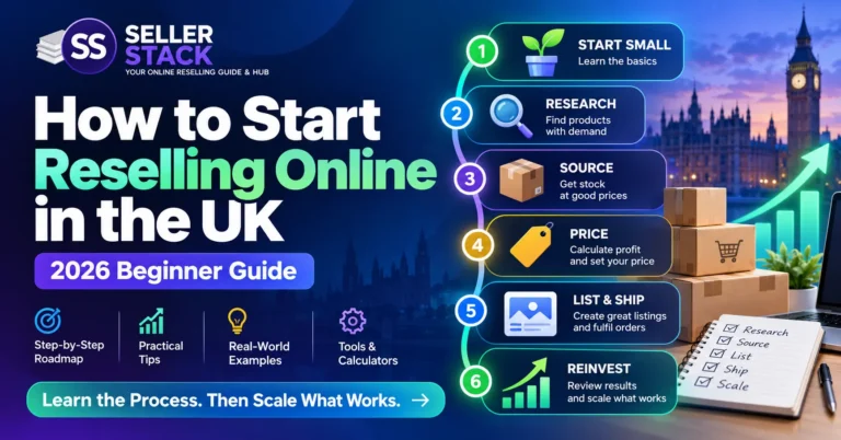 How to start reselling online in the UK with a beginner roadmap covering research, sourcing, pricing, listing, shipping and reinvesting