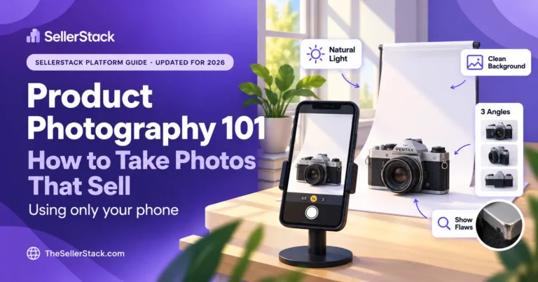 Product photography guide for resellers showing how to take clear product photos using natural light, a clean background, multiple angles and a smartphone