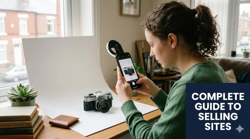 A behind-the-scenes photograph of a reseller using a smartphone to photograph a vintage Canon camera, illustrating DIY product photography tips like using natural window light and a simple white cardboard backdrop, perfect for selling items online.