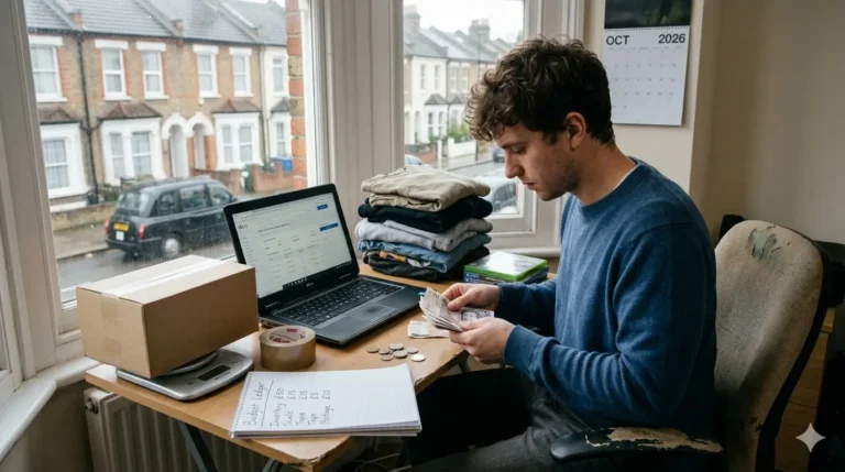A person counting British currency at a desk filled with essential reselling supplies like shipping tape, boxes, and a laptop, illustrating the startup costs for a new eBay business in 2026.