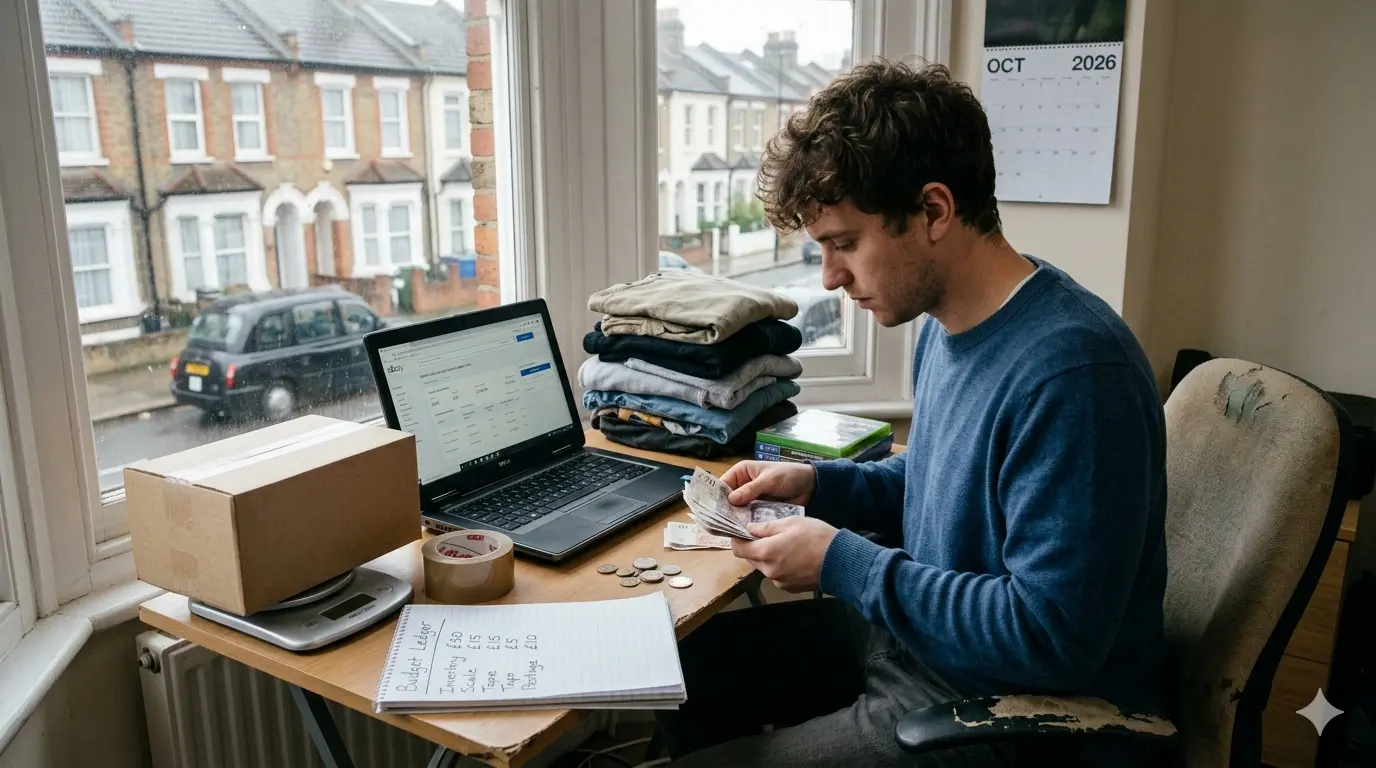 A person counting British currency at a desk filled with essential reselling supplies like shipping tape, boxes, and a laptop, illustrating the startup costs for a new eBay business in 2026.