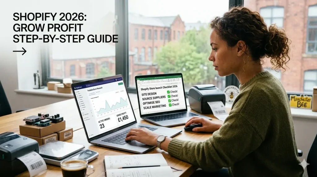 Featured image for a 2026 Shopify step-by-step guide, showing a person working on a laptop in a home office with a visible 'Store Launch Checklist' on the screen that includes site design, sourcing, and SEO, illustrating a profitable e-commerce growth strategy.