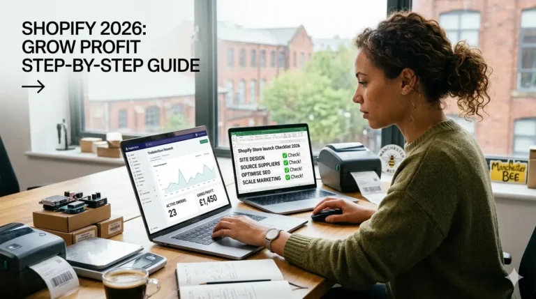 Featured image for a 2026 Shopify step-by-step guide, showing a person working on a laptop in a home office with a visible 'Store Launch Checklist' on the screen that includes site design, sourcing, and SEO, illustrating a profitable e-commerce growth strategy.