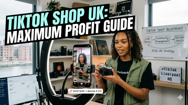 A focused reseller conducting a 'TikTok Shop Liverpool HQ' live stream demo of a vintage camera, illustrating an ultimate guide to maximising profit on TikTok Shop UK, with a whiteboard 'TikTok Shop Blueprint' 2026 strategy diagram visible in the background.
