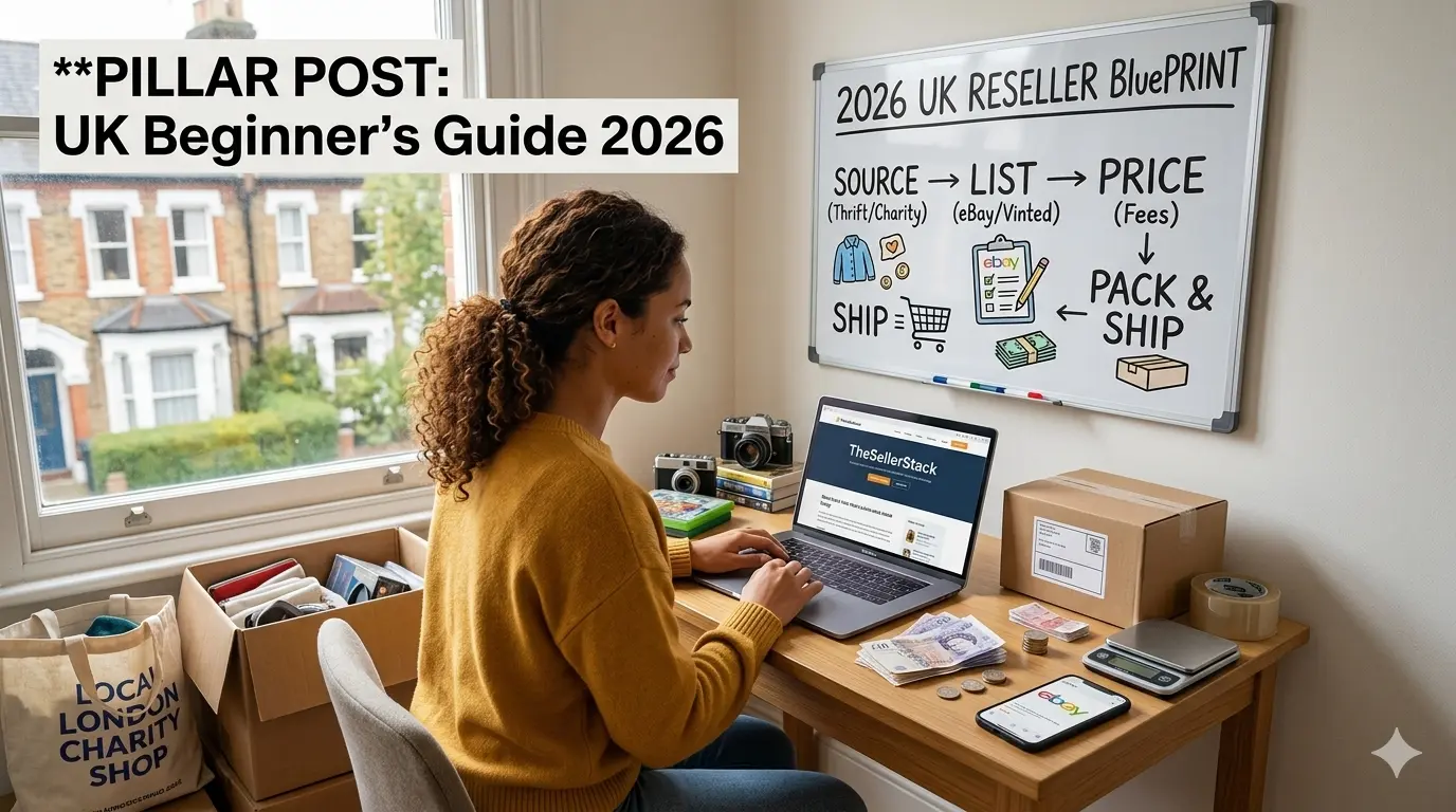 Featured image for a 2026 UK reseller beginner's guide, featuring a desk setup with a whiteboard diagram illustrating the 'Reseller Blueprint' process from sourcing items at charity shops to listing, pricing, and shipping for online marketplaces.