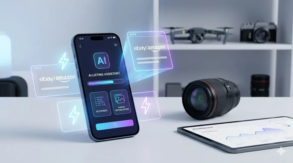 Modern desk with camera and smartphone showing a stylized 'AI LISTING ASSISTANT' UI and floating automation icons.