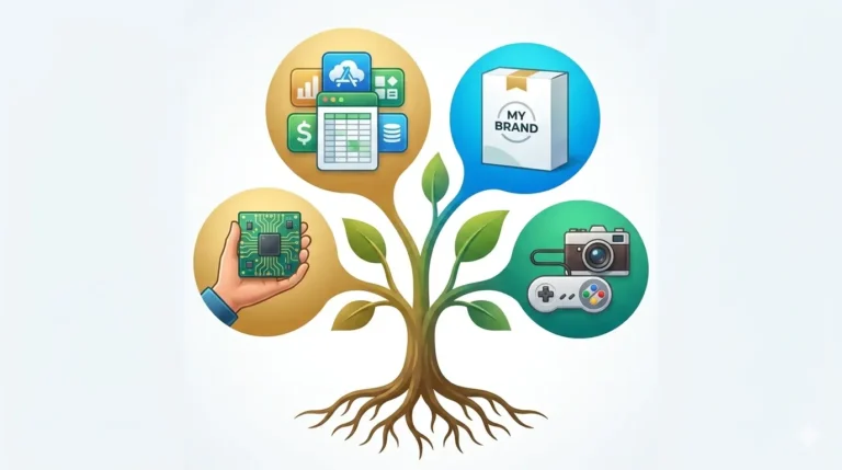Inspiring digital illustration of a tree root system branching into diverse growth bubbles representing tech refurbishing, digital products, white labeling, and nostalgia niches.