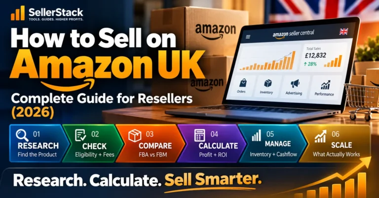 How to sell on Amazon UK guide showing product research, eligibility, FBA and FBM, profit calculation, inventory and scaling steps