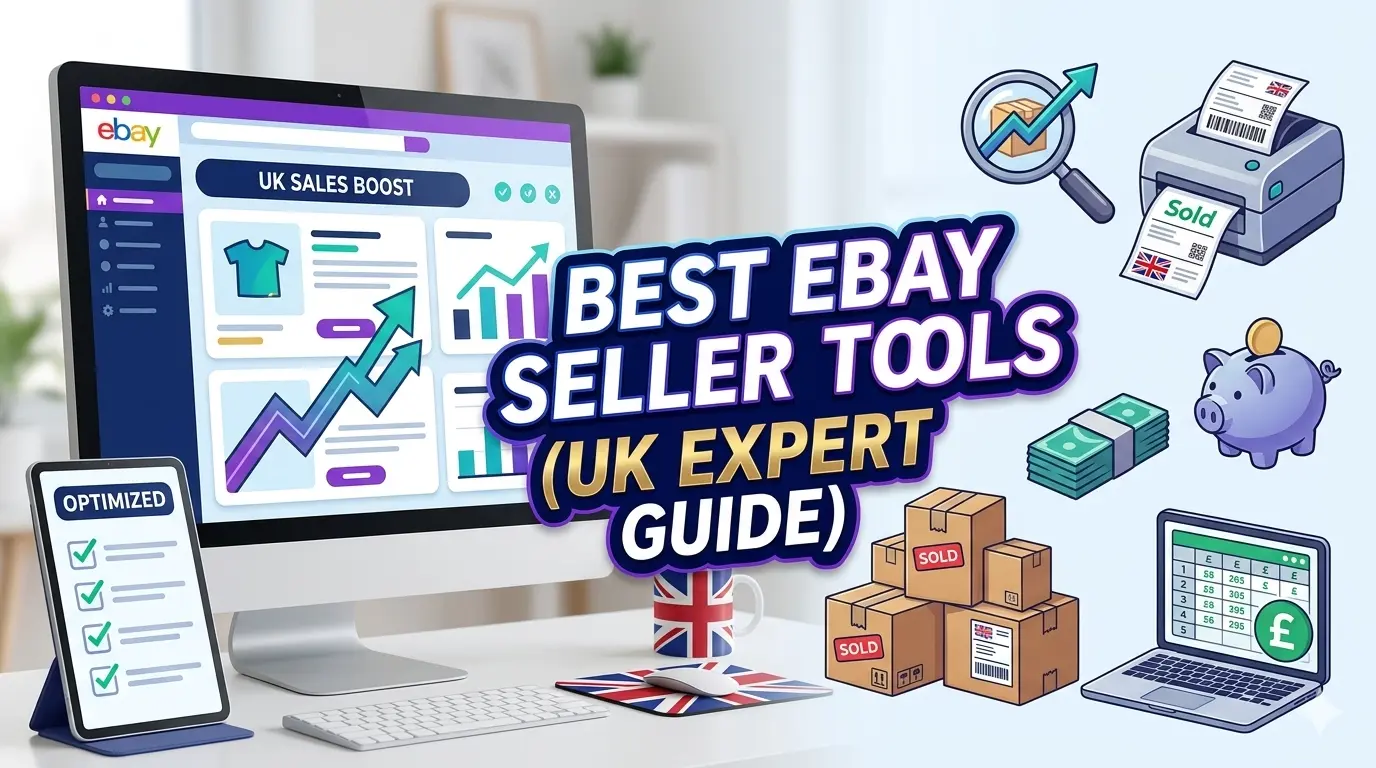 A desktop computer displaying an eBay store analytics dashboard with a Union Jack mug and mousepad on the desk. Surrounded by digital illustrations of a thermal shipping label printer, a financial spreadsheet laptop, a magnifying glass tracking a package, and stacked cardboard boxes. Bold central text overlay reads "Best eBay Seller Tools (UK Expert Guide)".