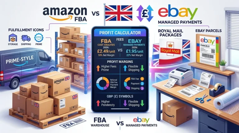 Amazon FBA fees compared with eBay Managed Payments for UK sellers in 2026 showing profit, fulfilment costs, and marketplace fees.