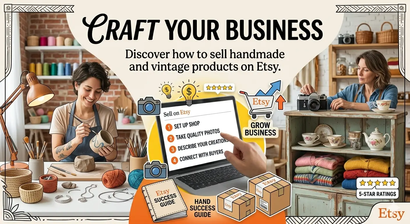A photograph of a smiling woman artisan working at a clean, well-lit desk. She wears a brown apron and uses a brush to decorate a ceramic mug. Surrounding her are tools, spools of colorful thread, ceramic supplies, woven baskets, and completed silver jewelry.
