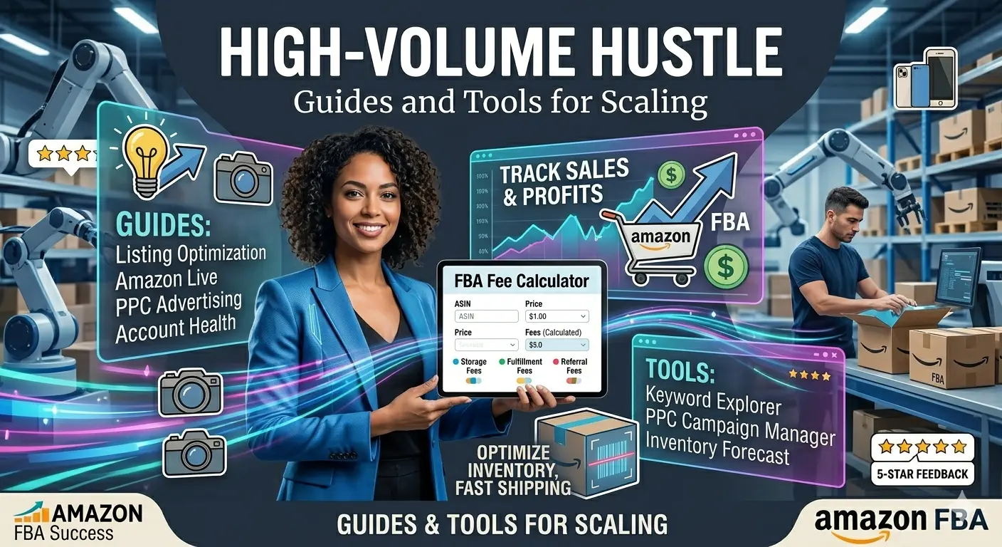 A sleek, tech-focused promotional banner and infographic for Amazon FBA sellers titled "HIGH-VOLUME HUSTLE: Guides and Tools for Scaling.