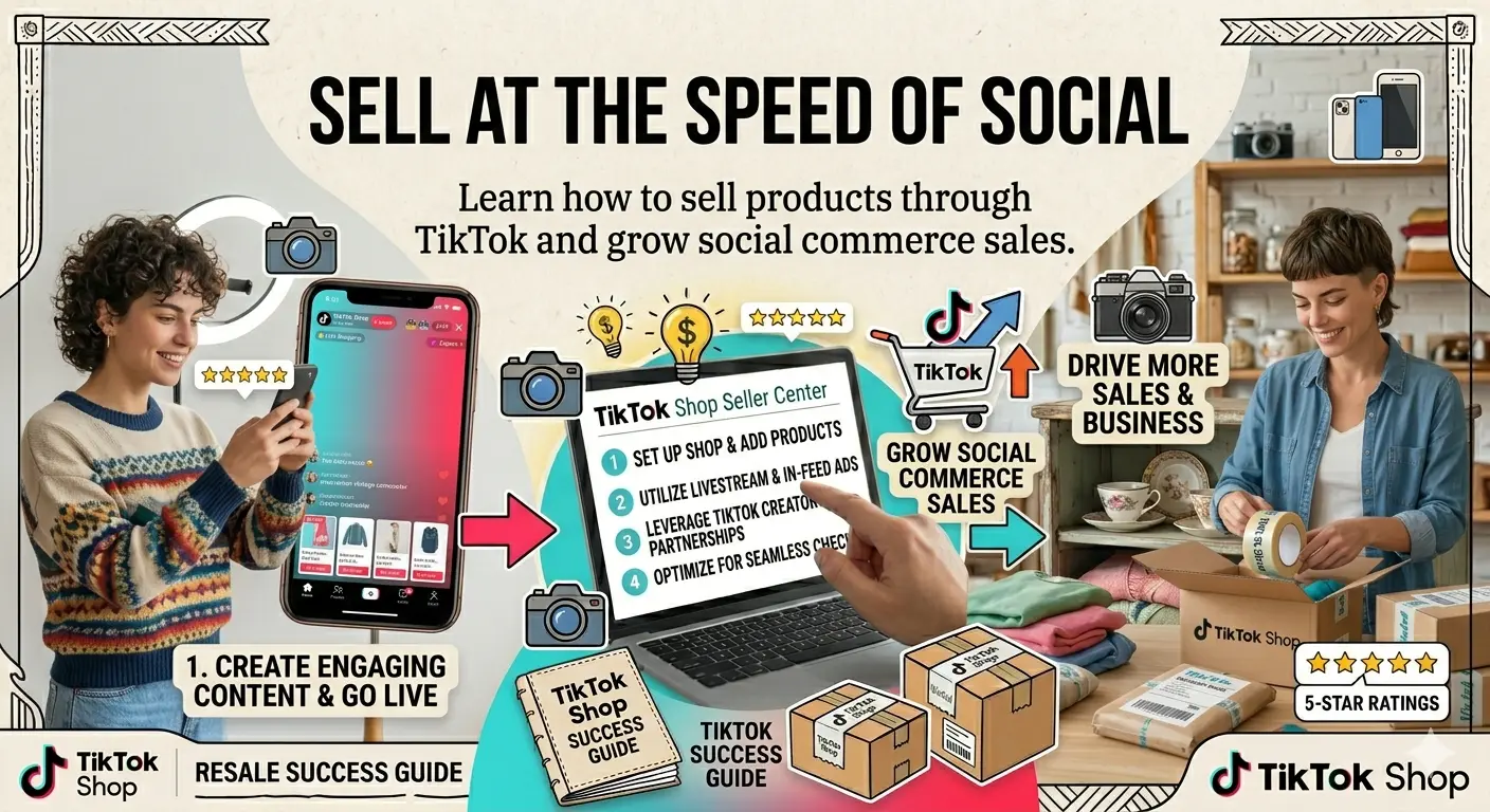 A promotional infographic for TikTok Shop titled "SELL AT THE SPEED OF SOCIAL: Learn how to sell products through TikTok and grow social commerce sales