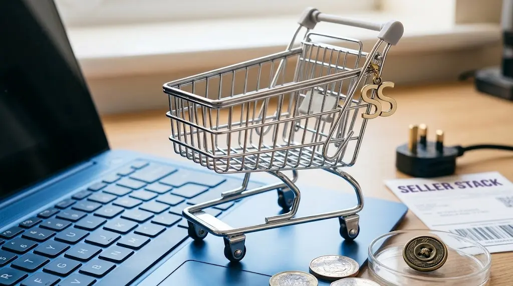 A miniature metal shopping cart sitting on an open laptop keyboard next to British pound coins and a printed shipping label reading Seller Stack, representing UK e-commerce reselling tools.