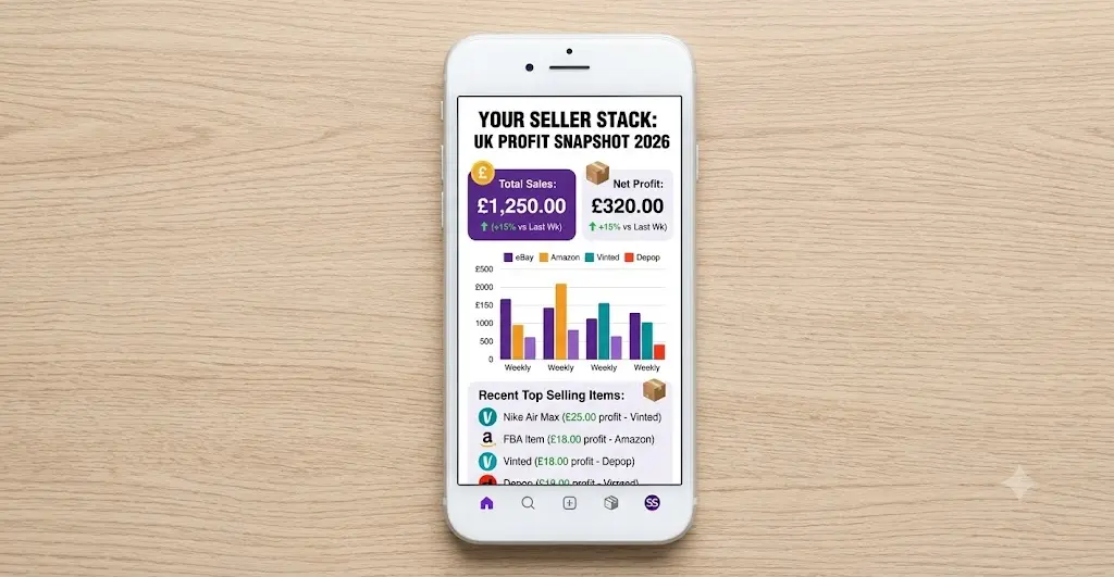 A smartphone lying on a light wood desk displaying an e-commerce platform analytics dashboard with charts and profit metrics for UK online marketplace sellers.