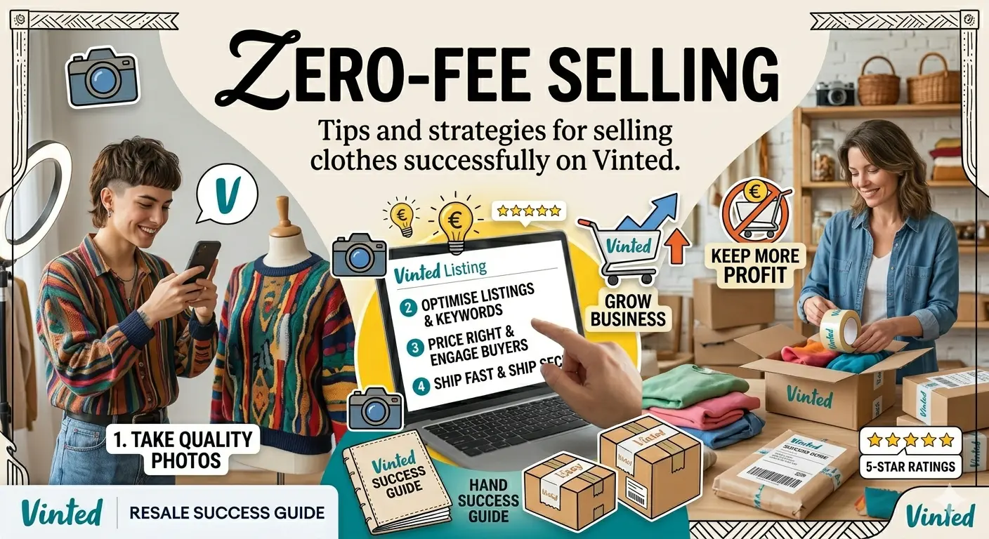 Tips and strategies for selling clothes successfully on Vinted." On the left, a woman uses her smartphone and a ring light to take high-quality photos of a vintage sweater on a mannequin.